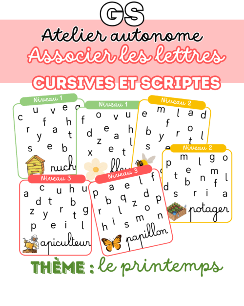 Associer les lettres cursives et scriptes (Printemps) - Atelier autonome GS