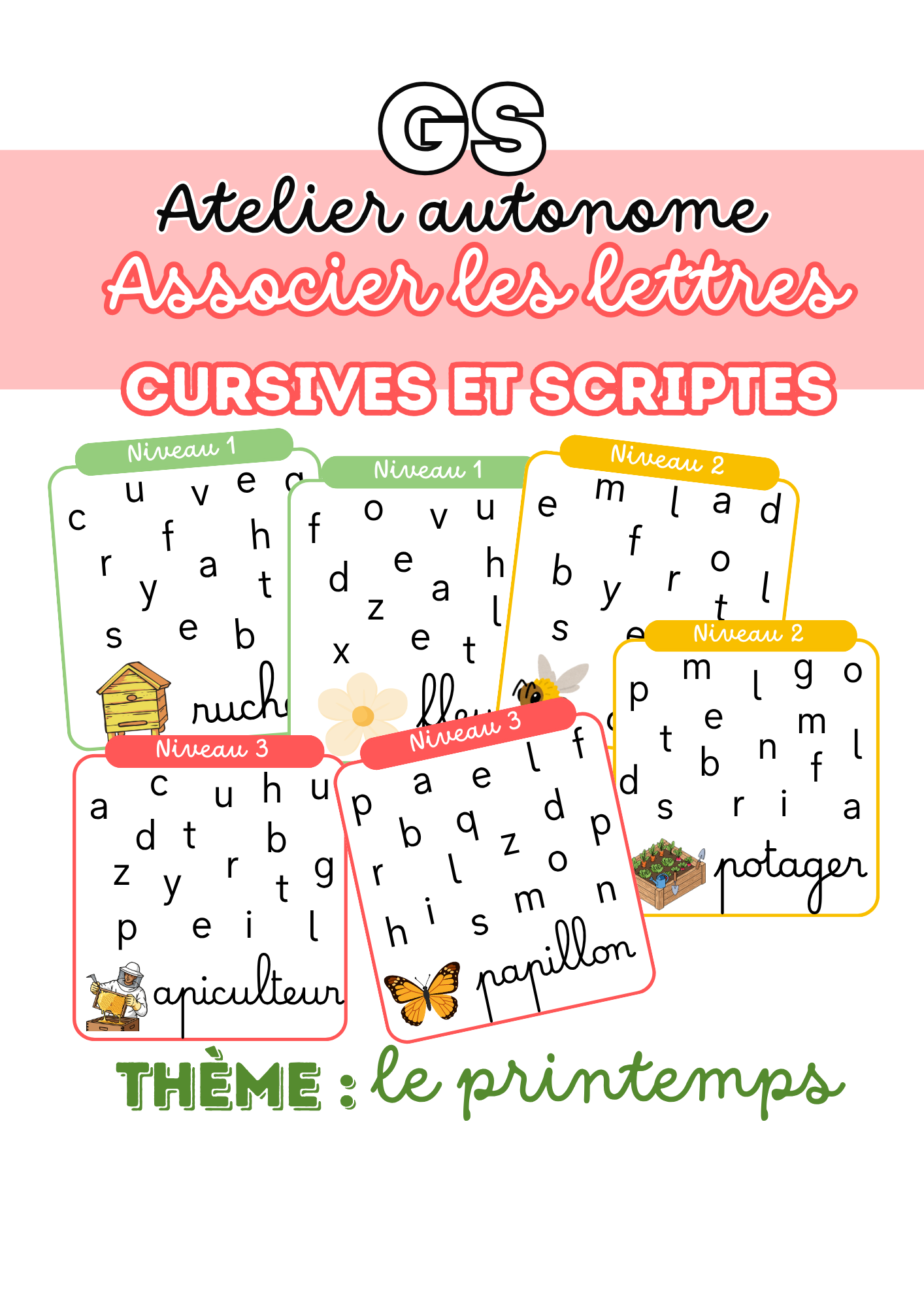 Associer les lettres cursives et scriptes (Printemps) - Atelier autonome GS