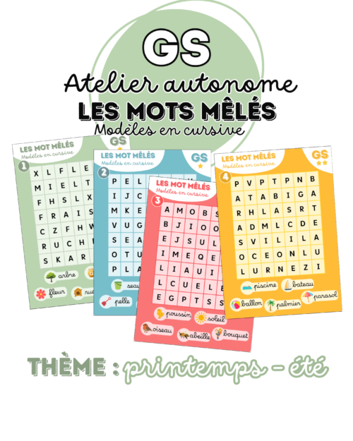 Les mots mêlés – Modèles en cursive (Printemps – Été) - GS