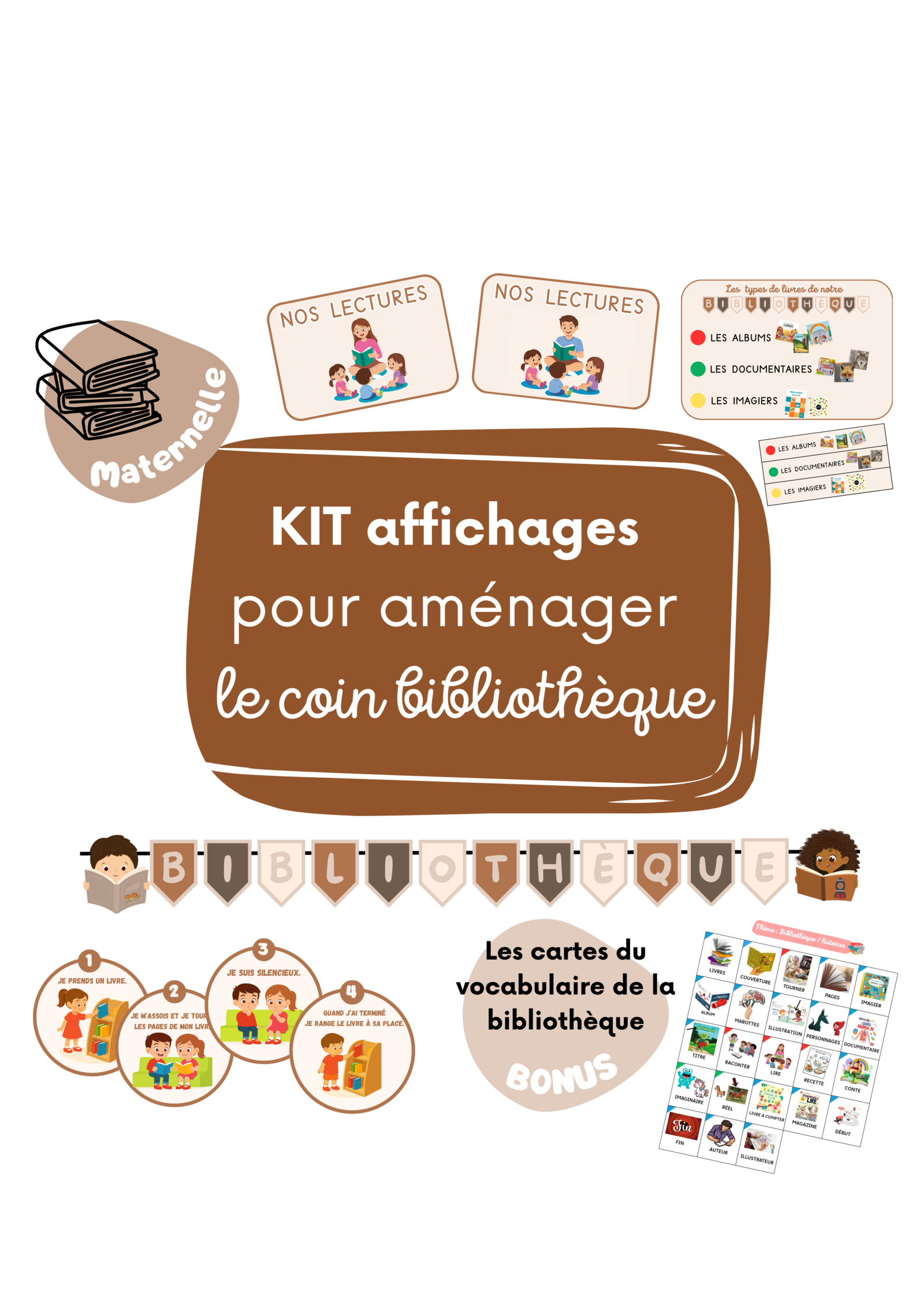Kit affichages coin bibliothèque maternelle | Coin lecture | PS, MS, GS